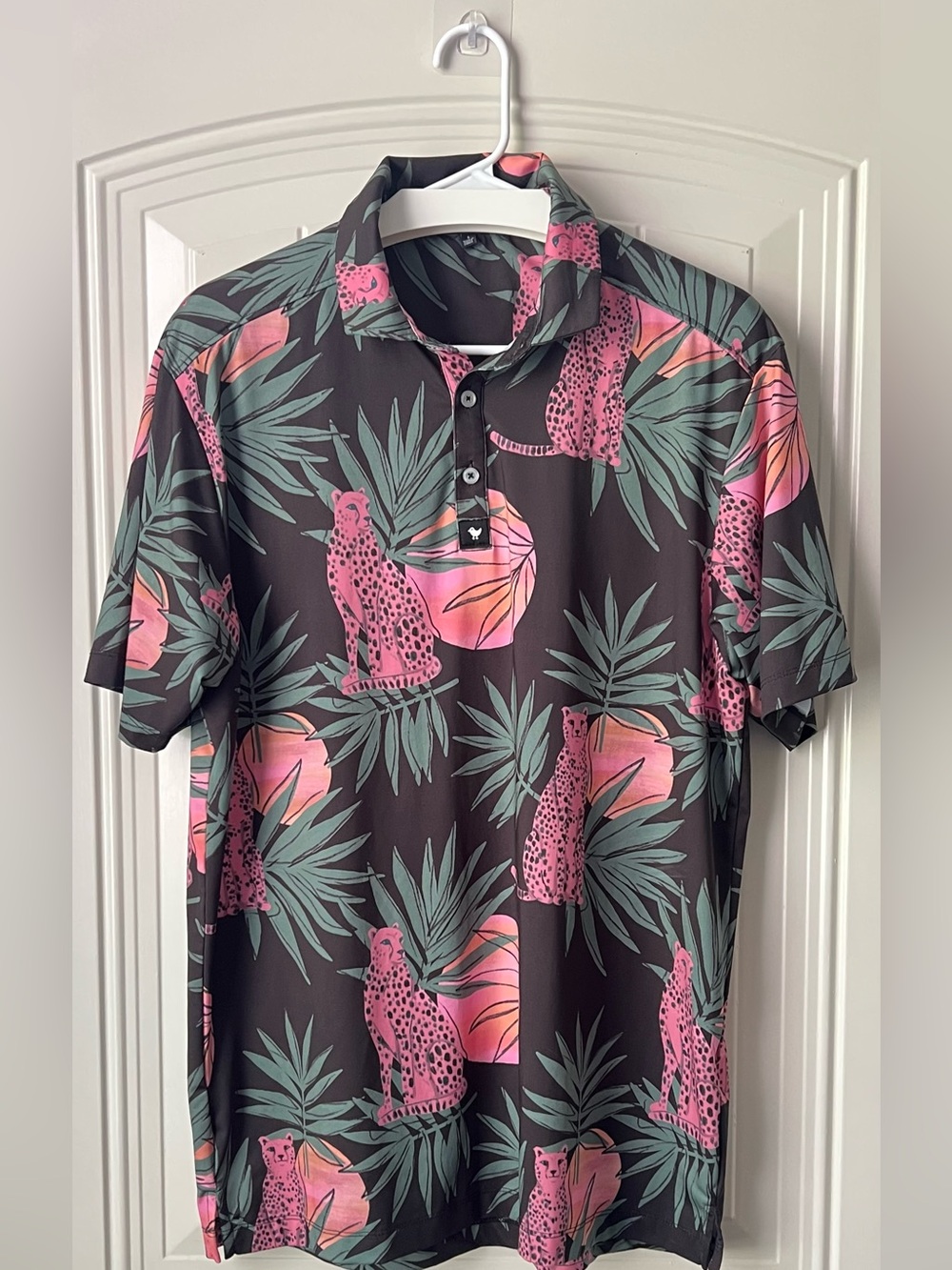 Bad Birdie Cheetah Tropical Golf Polo Men’s L Black Pink Performance Shirt - Picture 5 of 11